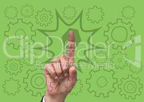 Hand pointing at 3D lightbulb and cog graphics against green background