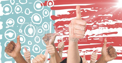 Hands giving thumbs up against hand drawn american flag with flare