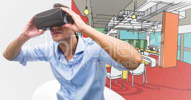 Business man in virtual reality headset sitting in white chair against 3D hand drawn office and whit