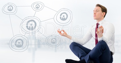 Business man meditating against blurry white skyline with 3D network doodle