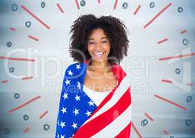 Woman wrapped in american flag against blurry blue wood panel and red blue fireworks doodle
