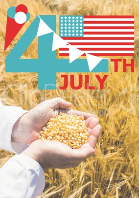 Fourth of July graphic with flags and ice cream against cornfield and hands filled with corn