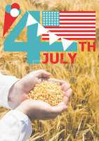 Fourth of July graphic with flags and ice cream against cornfield and hands filled with corn