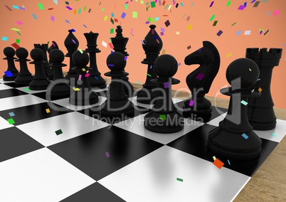 3d Chess pieces against orange background with confetti