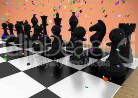3d Chess pieces against orange background with confetti