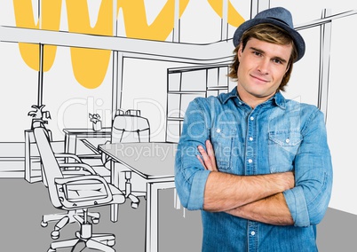 Millennial man arms folded in fedora against 3d grey and yellow hand drawn office