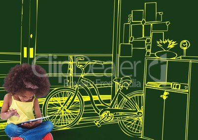 3d girl with tablet sit on the floor. office yellow lines on green background