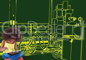 3d girl with tablet sit on the floor. office yellow lines on green background