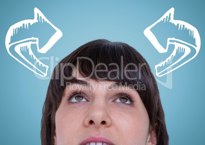 3d Top of woman head looking at white curved arrows against blue background