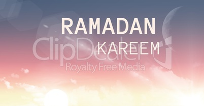 White ramadan text against evening sky and moon with flare