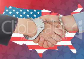 people shaking their hands with handcuff against american flag