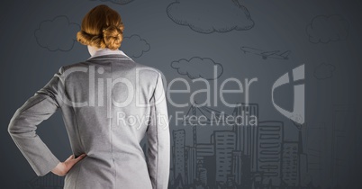 Back of business woman against grey background and 3D city doodle