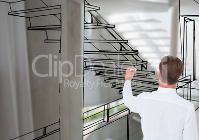 Man drawing 3D office stair lines
