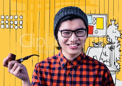 Millennial man with pipe against yellow hand drawn office