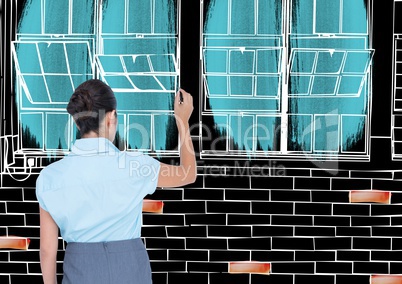 Woman drawing office lines in negative (black back and white lines) with color details