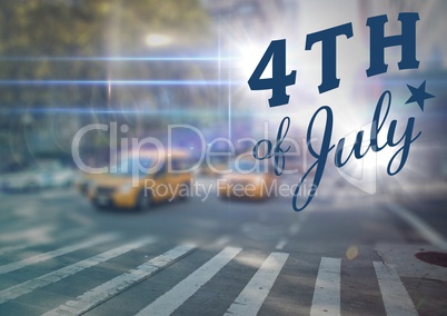 Blue fourth of July graphic against blurry street scene with flares