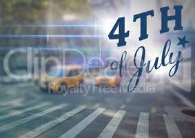 Blue fourth of July graphic against blurry street scene with flares