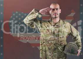 Military saluting against american flag