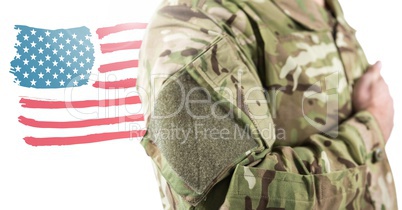 Close up of soldier with hand on heart in front of american flag drawing