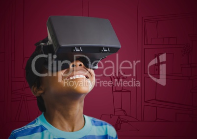 Boy in virtual reality headset against maroon hand drawn office