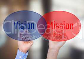 One hand writingVISION in blue circle with opacity and other hand writing MISSION in red circle with