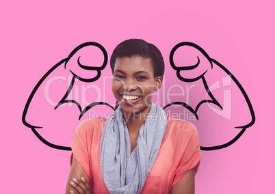 happy young woman in front of fists draw on pink wall