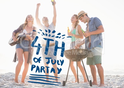 Blue fourth of July graphic against millennials at beach party