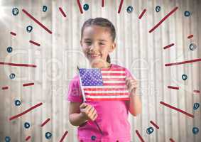 Girl holding american flag against blurry wood panel with firework doodle