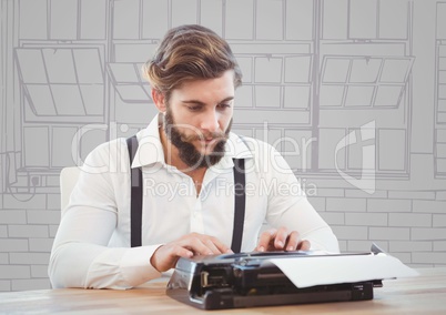 Millennial man at typewriter against purple and grey hand drawn windows