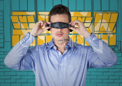 Business man in virtual reality headset against yellow and blue hand drawn windows