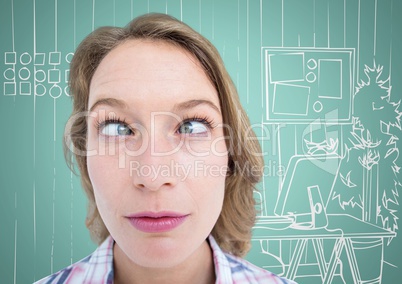 Millennial woman funny face against aqua and white hand drawn office