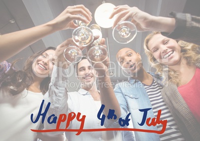 Fourth of July graphic against millennials toasting with white overlay