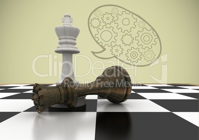 Chess pieces against green background and speech bubble with cogs