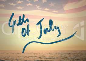 Blue fourth of July graphic against horizon and american flag