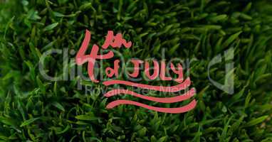 Red fourth of July graphic against grass
