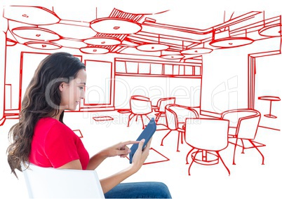 young woman with tablet sitting in office red lines