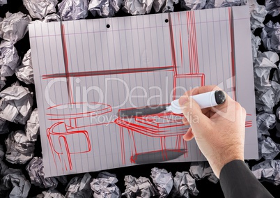 hand drawing office red lines on a paper with black details