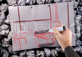 hand drawing office red lines on a paper with black details