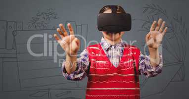Boy in virtual reality headset against grey hand drawn office