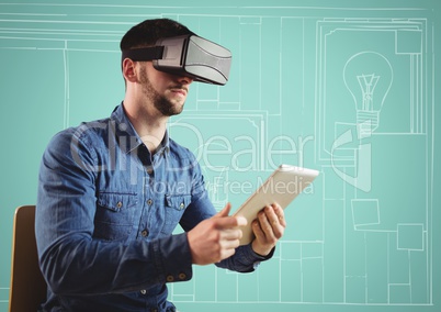 Man in virtual reality headset with tablet against aqua and white hand drawn office