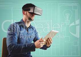 Man in virtual reality headset with tablet against aqua and white hand drawn office
