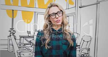 Millennial woman against 3D grey and yellow hand drawn office