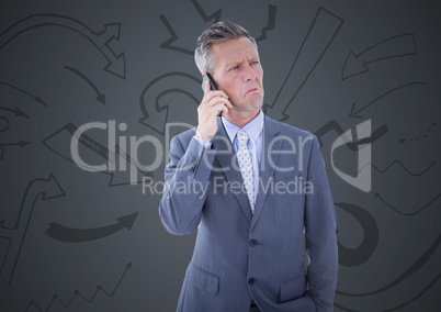 Frustrated business man against grey background and arrow graphics