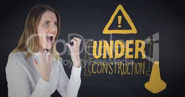 Frustrated business woman against navy chalkboard and yellow construction graphic
