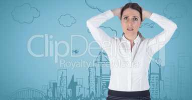 Frustrated business woman against blue background with 3D city doodle