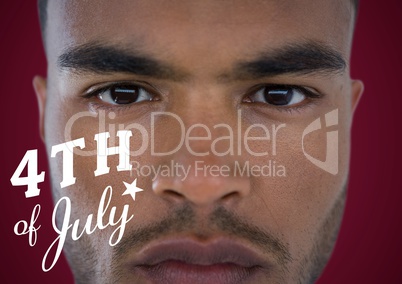 Portraiture of man with white fourth of July graphic against maroon background