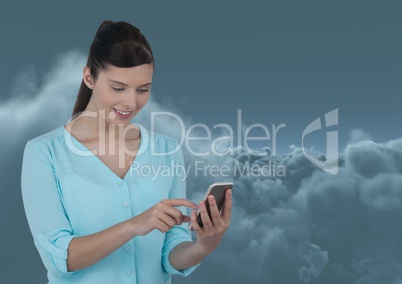 Woman Texting in dark blue 3D clouds