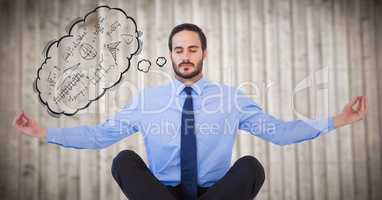 Business man meditating with thought cloud showing 3D math doodles against blurry wood panel
