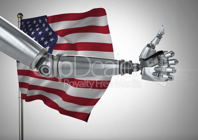 Robot with thumb up  against american flag