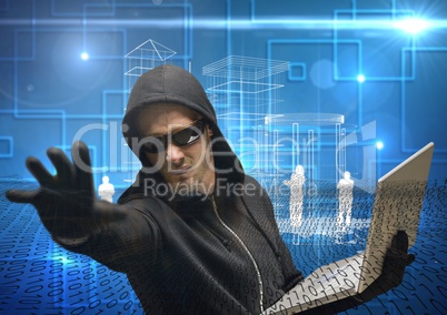 Hacker extending his hand while working on laptop in front of digital blue background